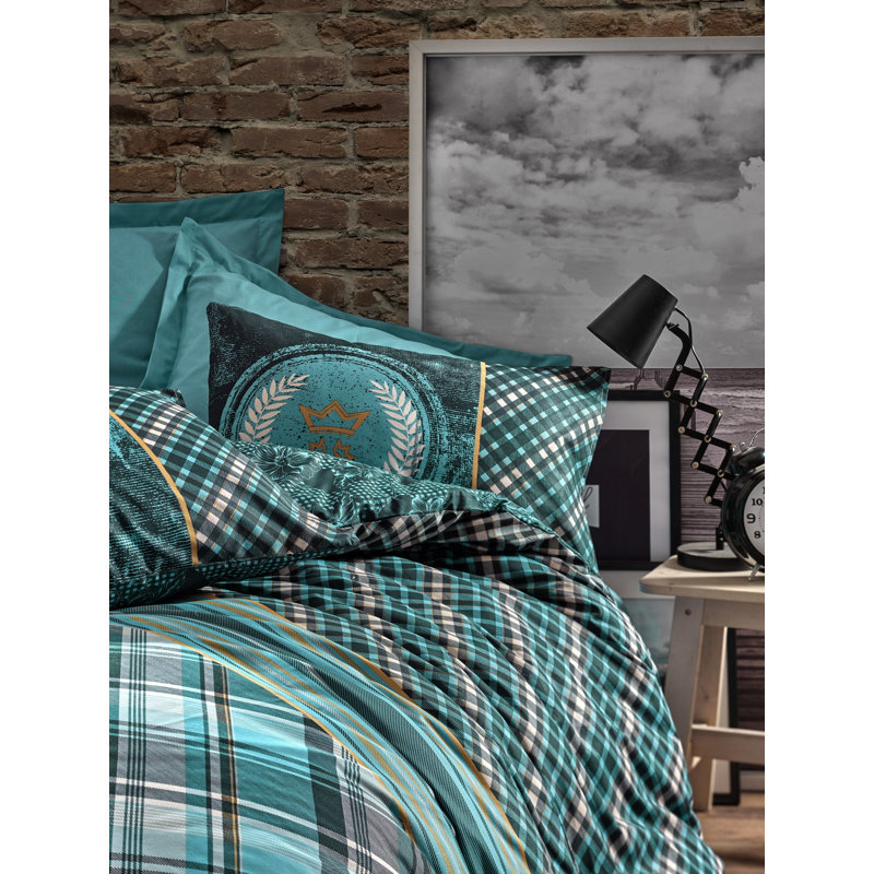 Housse de couette en coton Ranforce bleu sarcelle / jaune / blanc