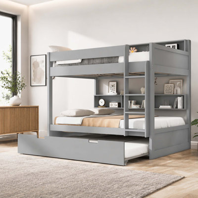 Solid Wood Twin Over Twin Bunk Bed Frame, Kids Bunk Bed with Built-In Multi-Layer Storage Shelves, Side Ladder & Pull-Out Twin Trundle Bed