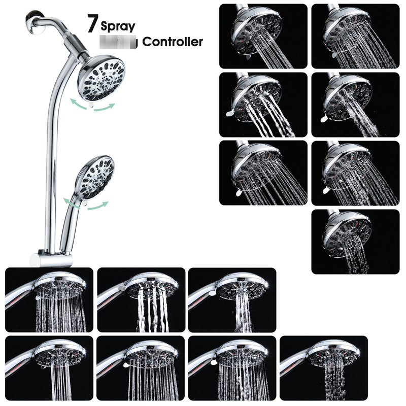 Finition de la douche - Double tête à 7 réglages, barre coulissante en acier inoxydable, fixation murale, débit 7 gallons par minute, 7 fonctions,