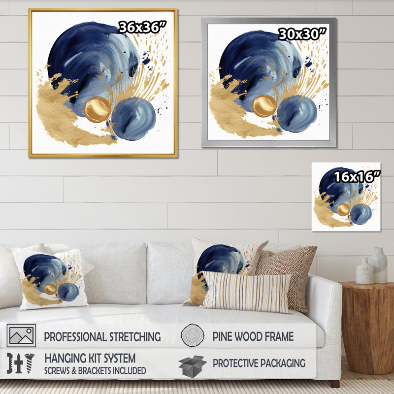 «Dark Blue & Gold Abstract Circle Texture I», reproduction sur toile, H 30 po x l 30 po x P 1 po, Cadre flottant noir