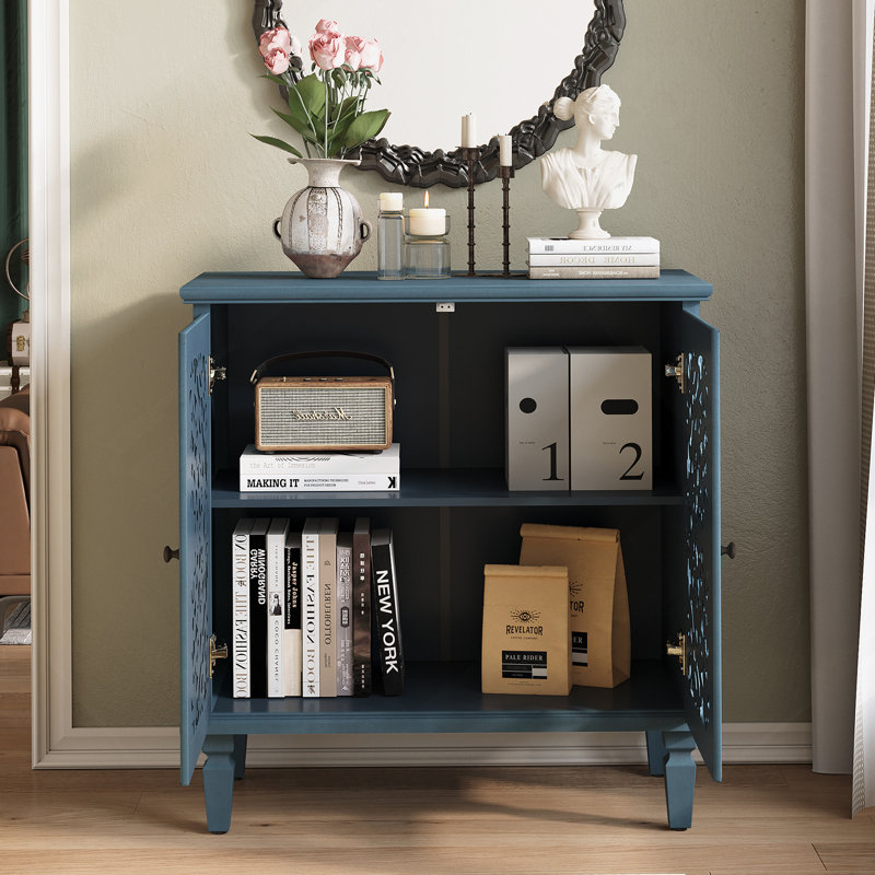 Accent Cabinet, 2-Door Display Storage Cabinet, Sideboard With Adjustable Shelf And Solid Wood Legs, Antique Blue