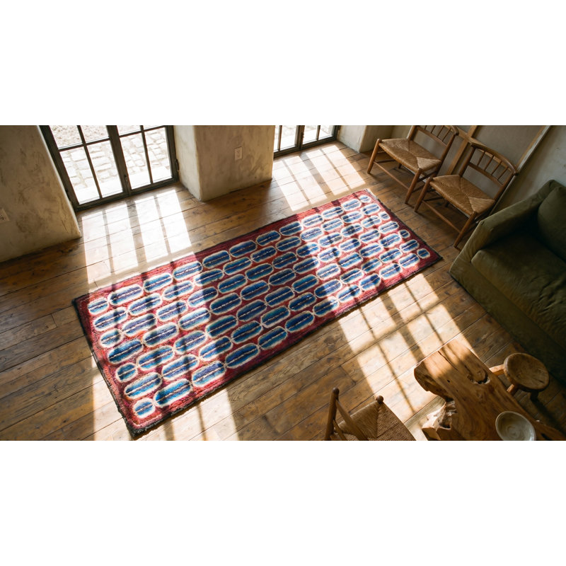 Antique American Hooked Rug Hallway Runner Wool & Cotton Coral