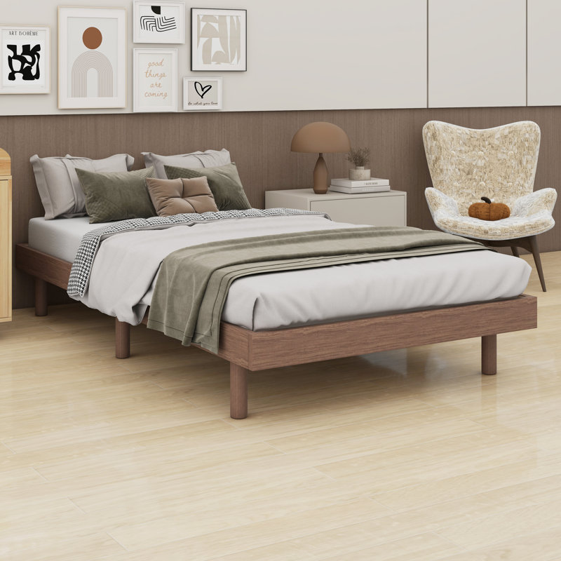 Base de lit plateforme flottante de conception moderne, Noyer, Lit simple