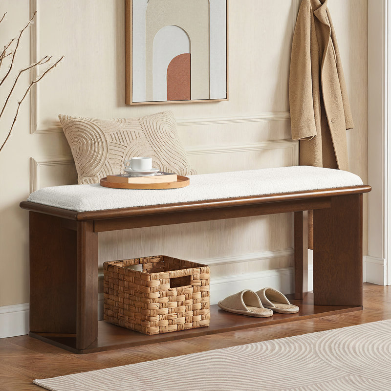 Jacobo 48" W Mid-Century Modern Chenille Upholstered Bench with V-Shaped Base, Walnut