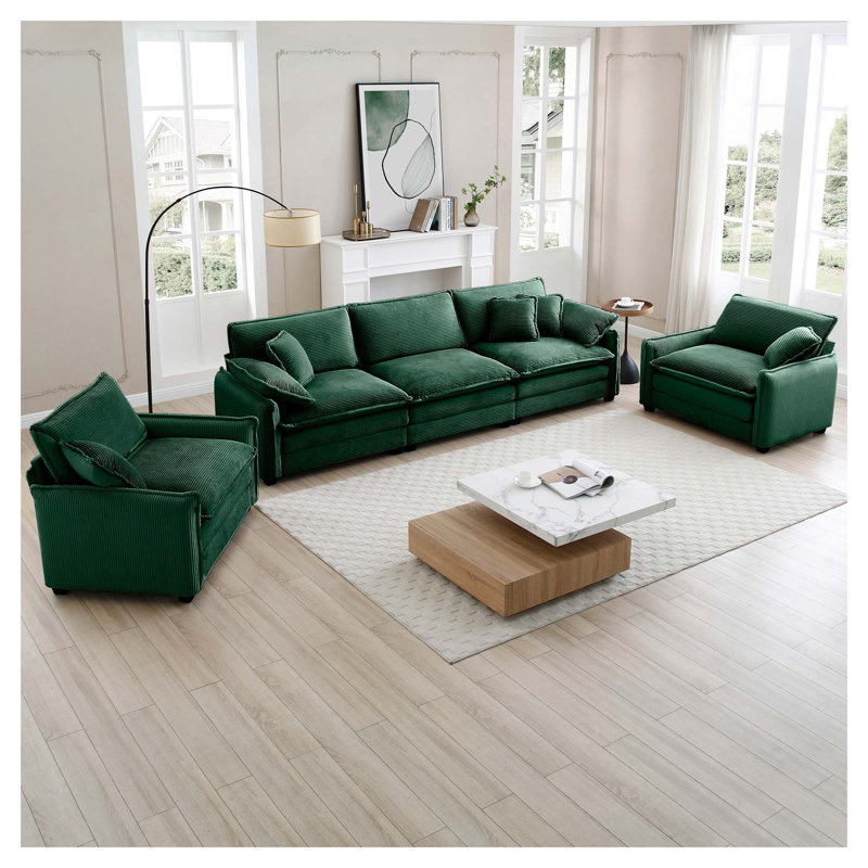 Ensemble de canapé en velours côtelé vert émeraude 5 pièces: canapé 3 places + 2 fauteuils simples, meubles de cinéma maison pour le salon