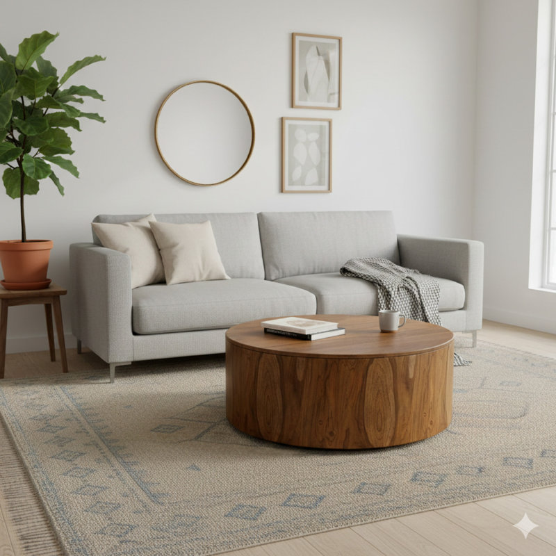 Table basse Eray Cocktail, tambour rond de 42 po, bois de manguier brun