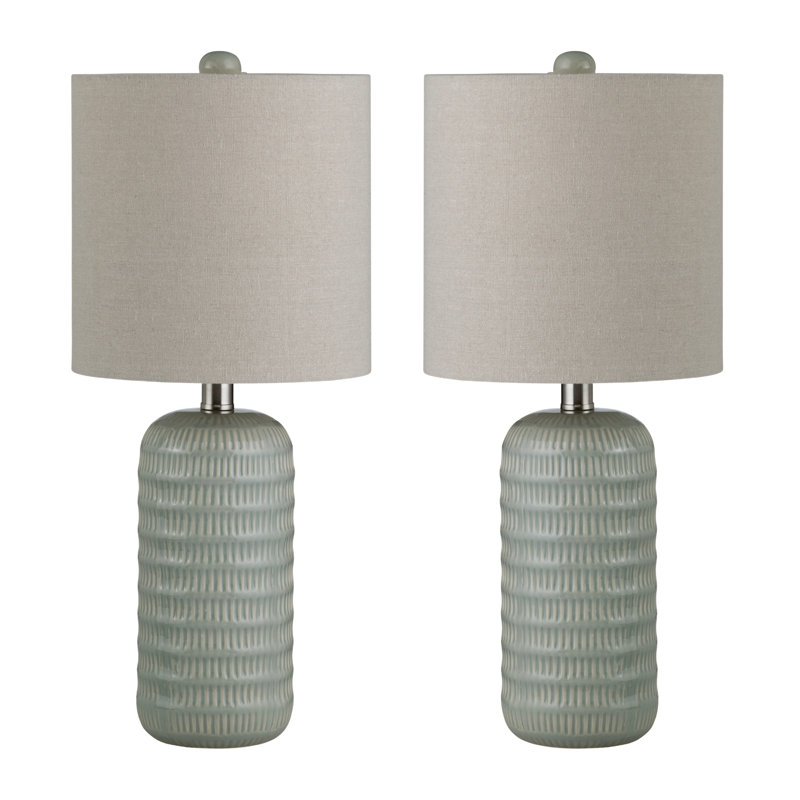 Set Of 2 Ceramic Table Lamp With Linen Shade, Cream, Green