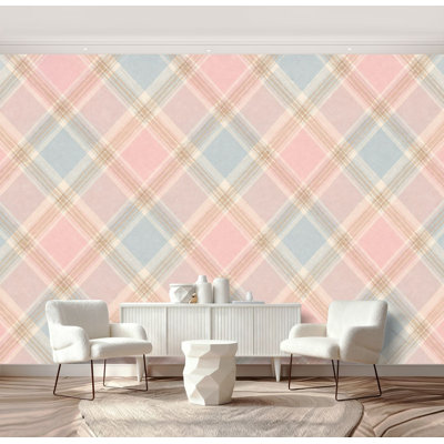 Papier peint auto-adhésif à motif de papier peint adhésif amovible en PVC rose pastel à carreaux bleus H 69 po x l 96 po pour chambre à coucher, bureau à domicile