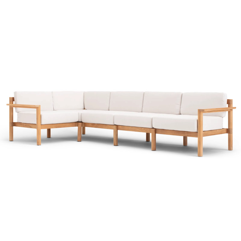 Canapé modulaire d'extérieur en teck 5 pièces avec coussins Sunbrella Haven, Toile Sunbrella
