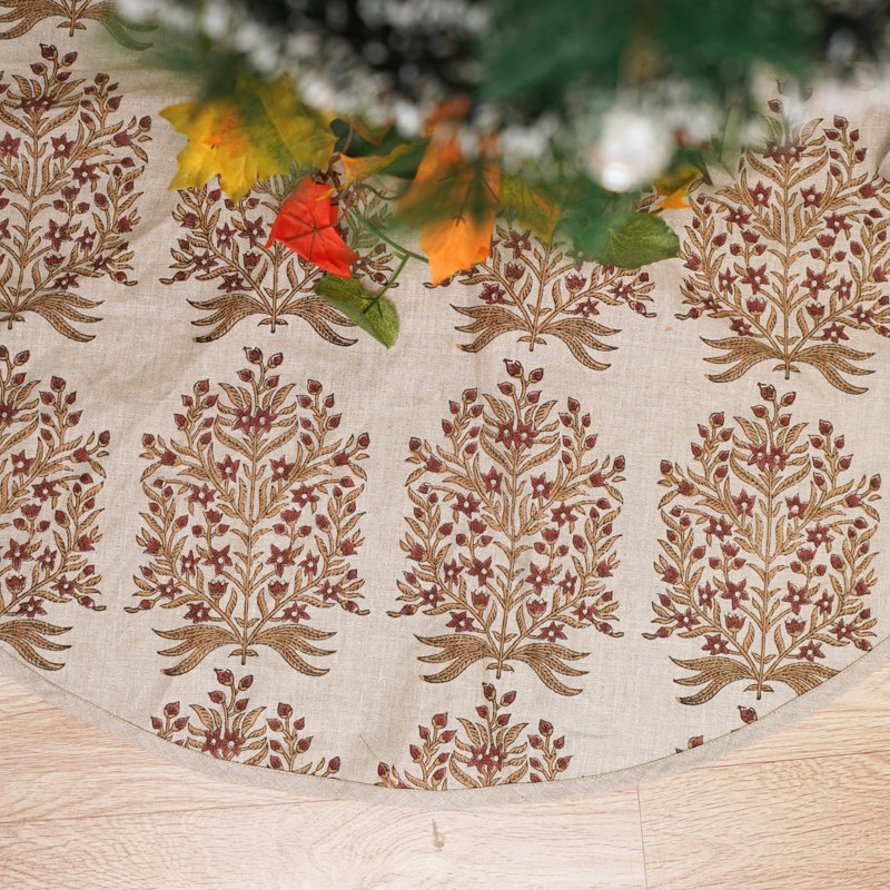Jupe d'arbre de Noël en lin fabriquée à la main de 36 pouces de diamètre avec imprimé de blocs traditionnel Fabclusine - Vridhavan