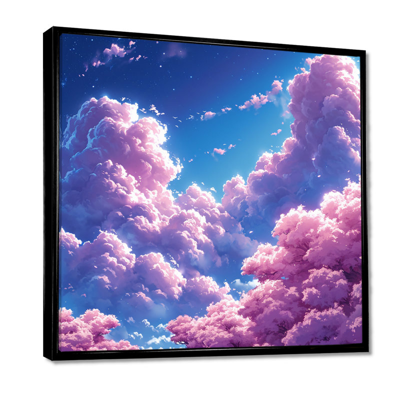 Nuage rose, rêves, ciel bleu - nuages, art mural, salon, Toile avec cadre flottant noir, H 16 po x l 16 po x P 1 po