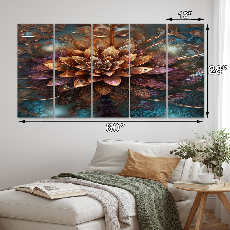 «Mysterious Retro Dahlia Flower On I», reproduction d'art sur toile - 5 panneaux égaux