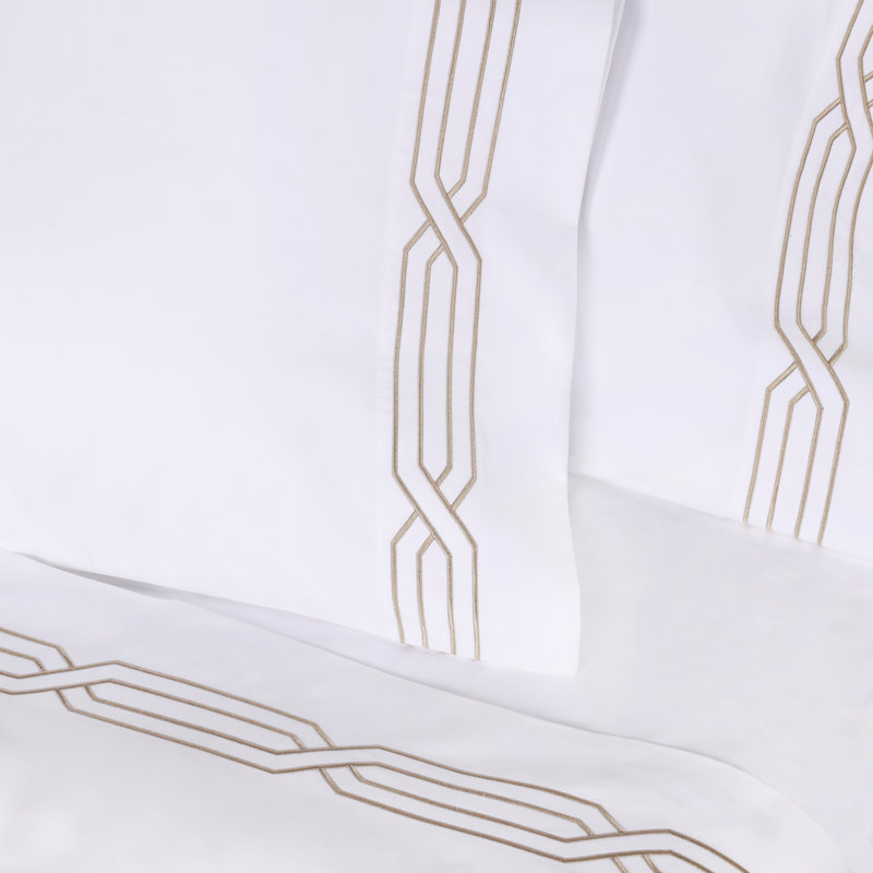 Ensemble de draps 100% coton 1200 fils à broderie géométrique 1200 fils, Blanc / Anthracite, Grand