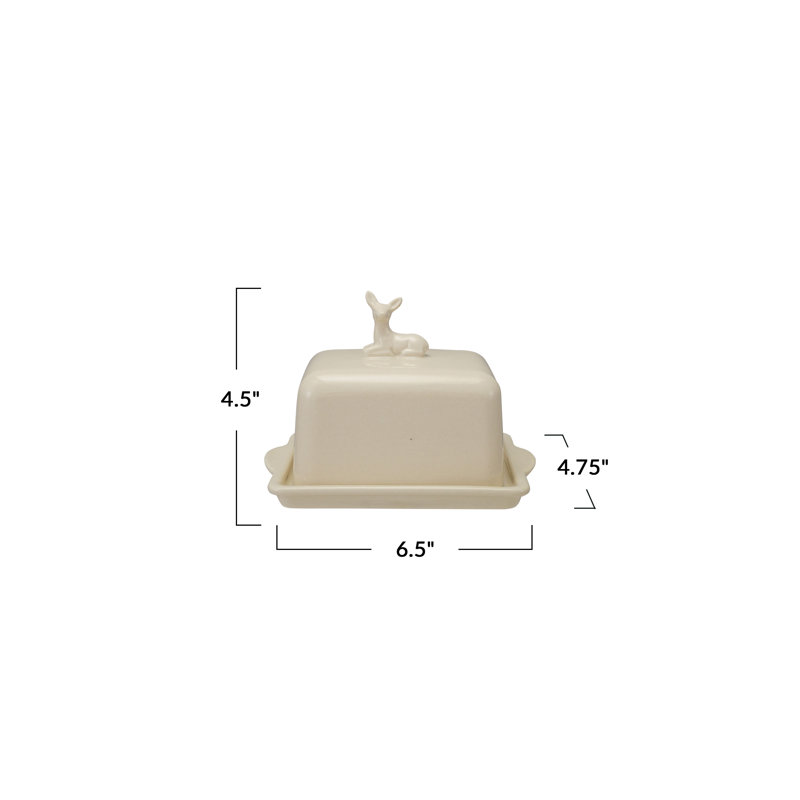 White Stoneware Butter Dish with Deer Motif