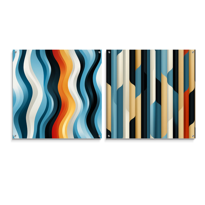 Motif rayé bleu minimaliste élégant - formes abstraites acrylique en verre, ensemble de 2, H 36 po x l 73 po