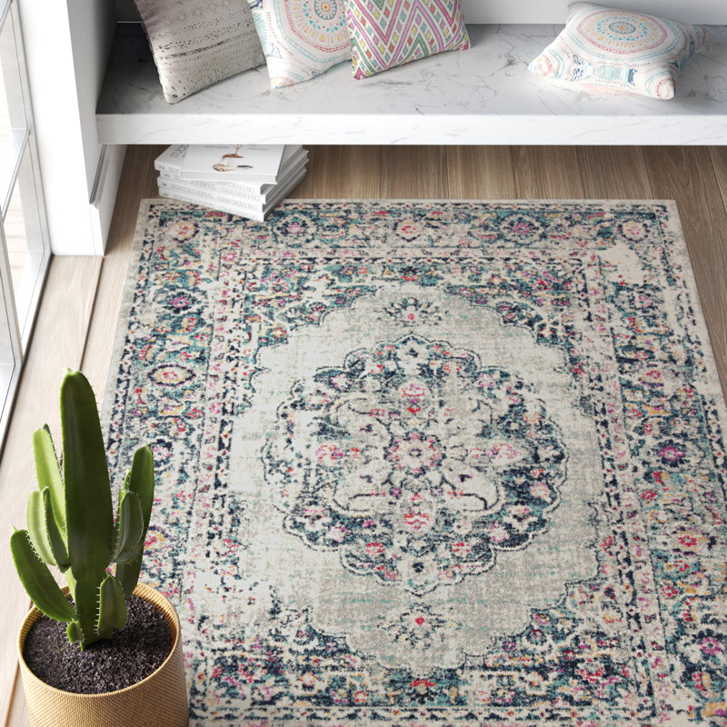 Tapis gris clair / fuchsia / menthe en laine de style sud-ouest Christa, Rectangle 8 pi x 10 pi