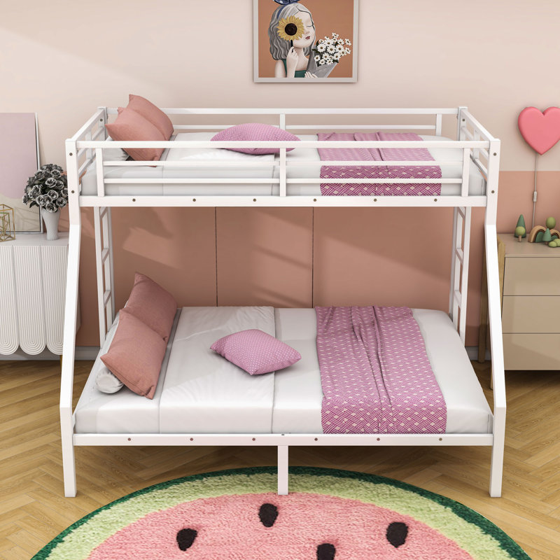 Twin XL Over Queen Heavy Duty Metal Bunk Bed With Dual Side Ladders And Noise-Free Design, White