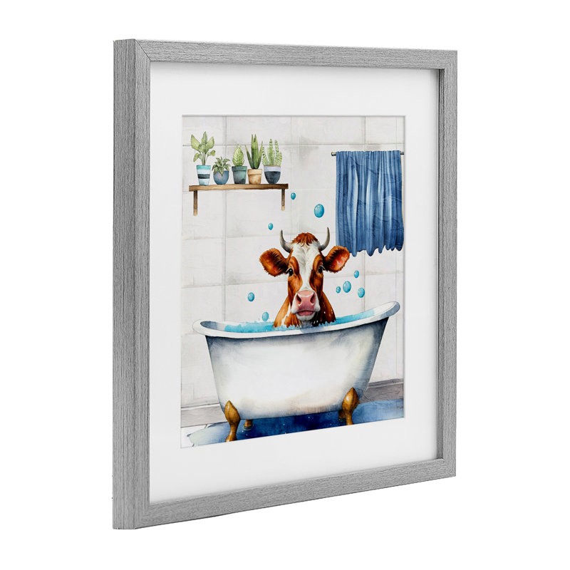 «Suds Cow Bathaign», reproduction imprimée sous verre, conception de Kim Allen, Cadre de ferme gris, H 16 po x l 16 po