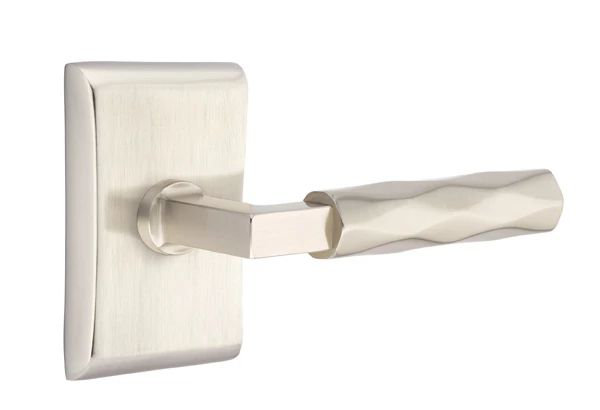 Mortaise intérieure Emtek Select Passage avec rosette Neos et tige carrée en L, levier Tribeca, Gauche, Nickel satiné