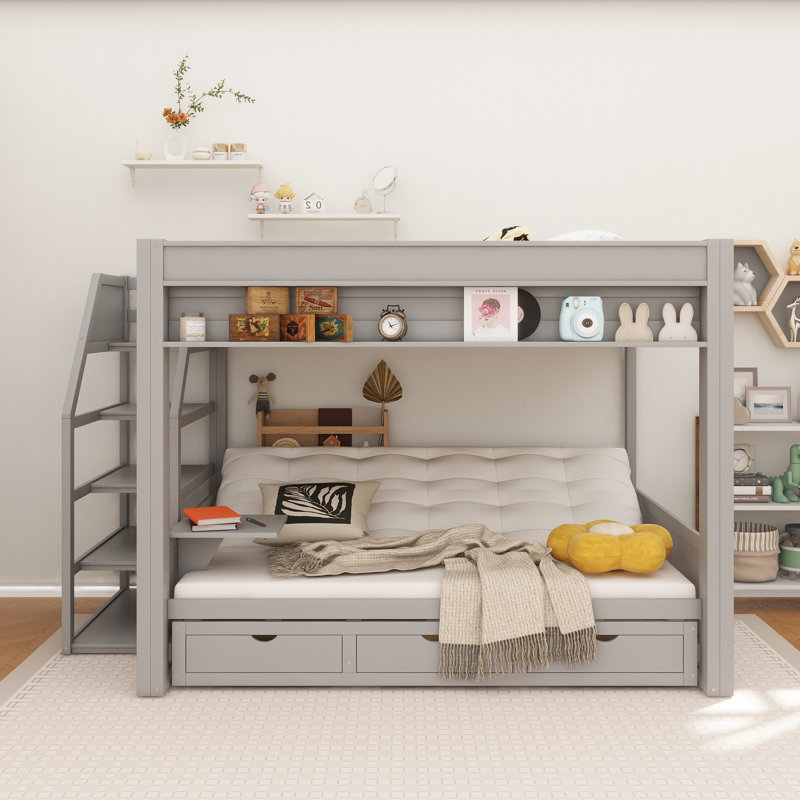 Lit superposé convertible en bois pleine grandeur avec escalier de rangement, table de chevet et 3 tiroirs, gris, Gris