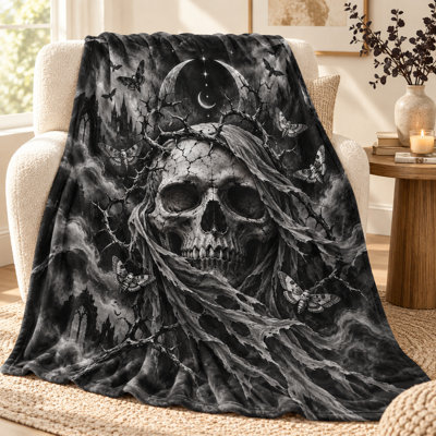 Monochrome Skull Moth Blanket with Crescent Moon, Thorn Vines and Arched Windows, Black Gray Flannel Throw for Couch, Bed, Reading and Travel, 40 x 50 in