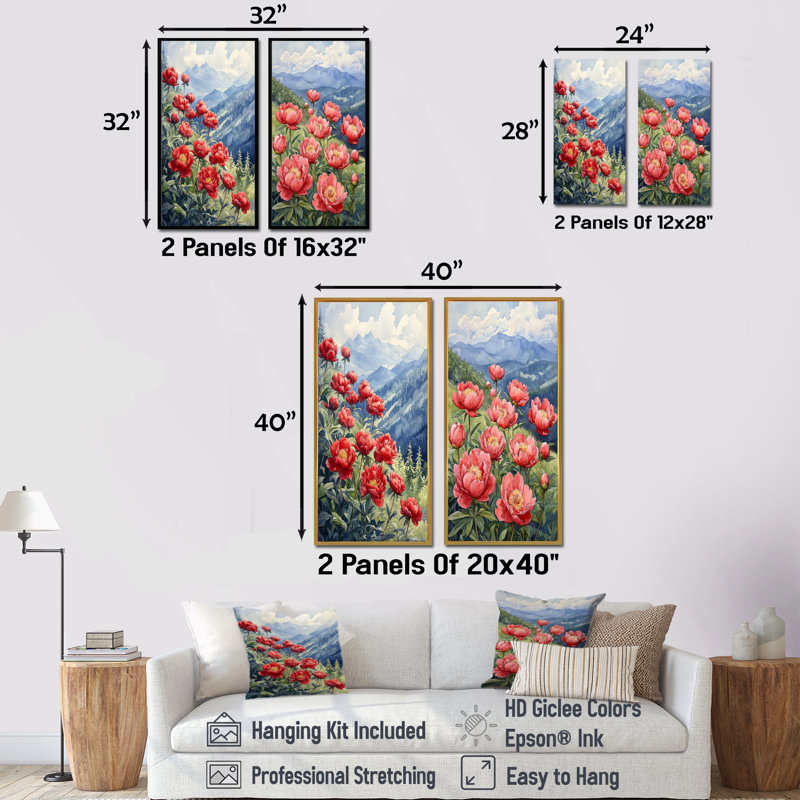 Pivoines dans la crête de montagne I - décoration murale en toile florale 2 panneaux, H 40 po x l 41 po, Encadrement argenté