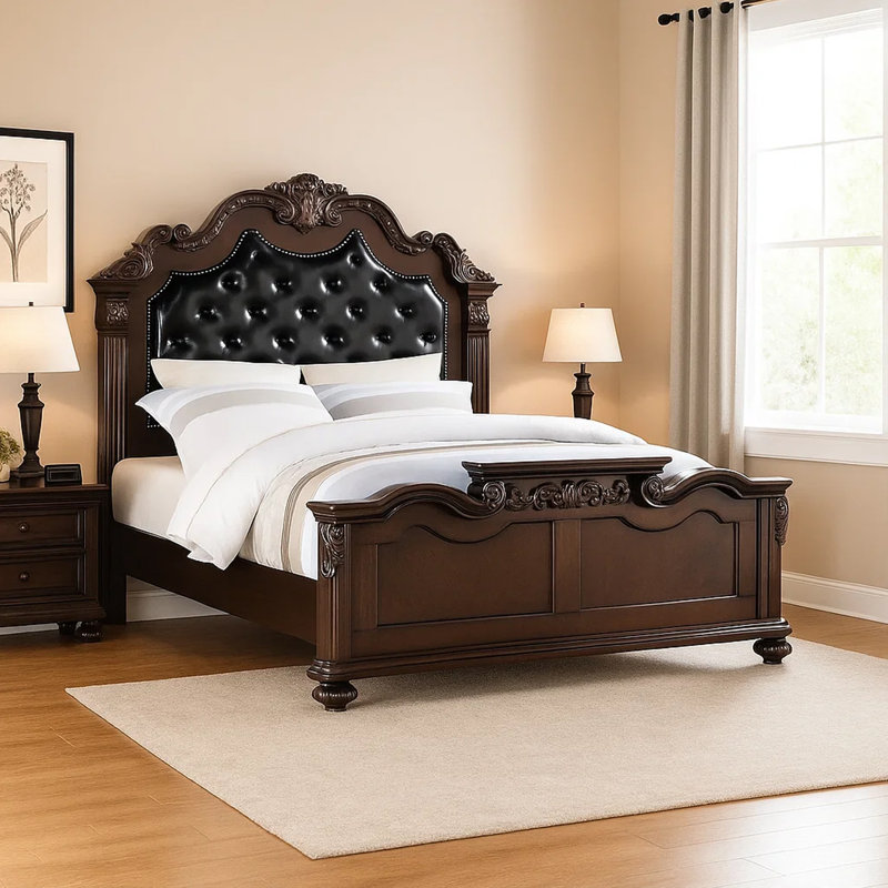 Geovany King Size Bed, Tufted Faux Leather Upholstery, Brown Baroque Style, Dark Walnut, King