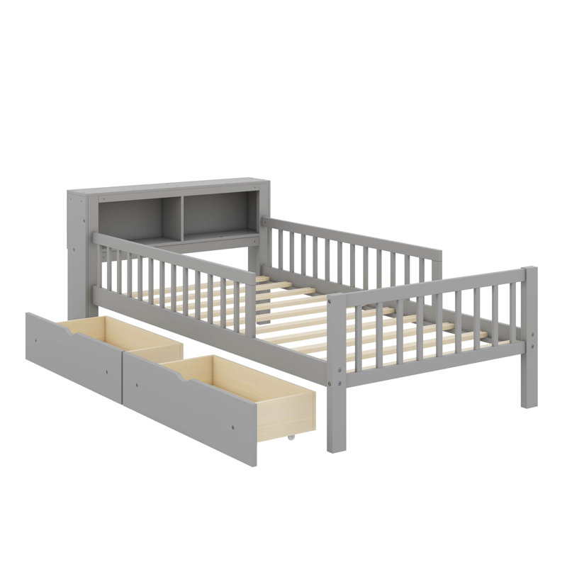 Lit simple avec support de tête de lit, deux tiroirs sous le lit et sécurité, Gris