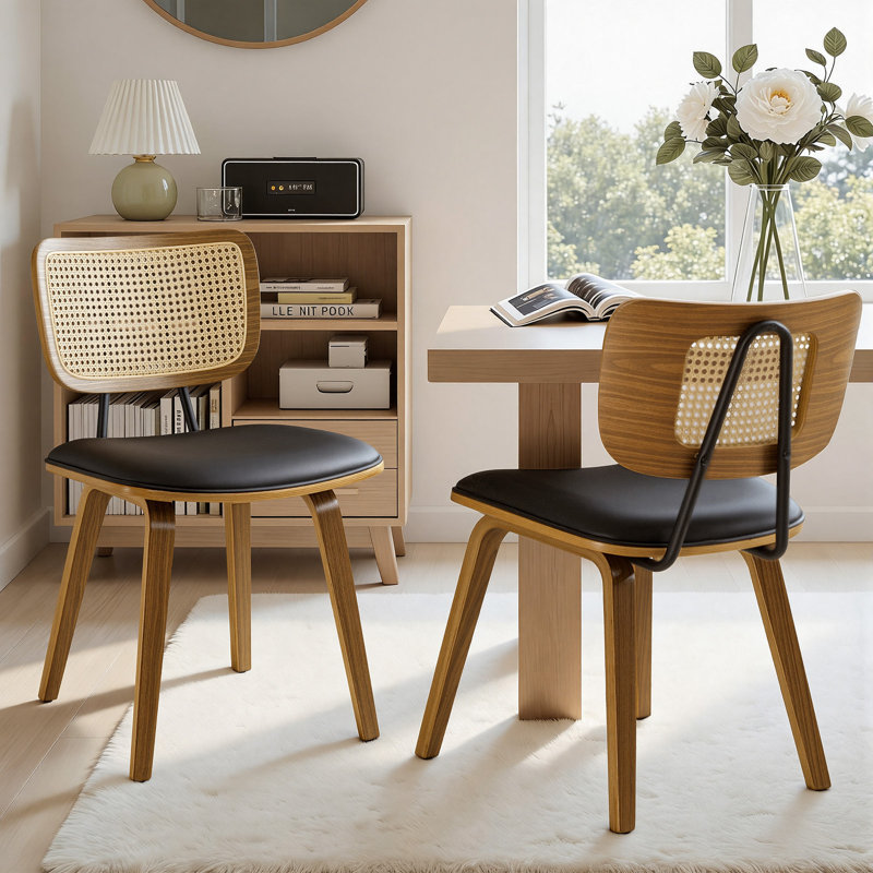 Faux Leather Upholstered Side Chair Dining Chair And Walnut Wood Finish, 2, Black