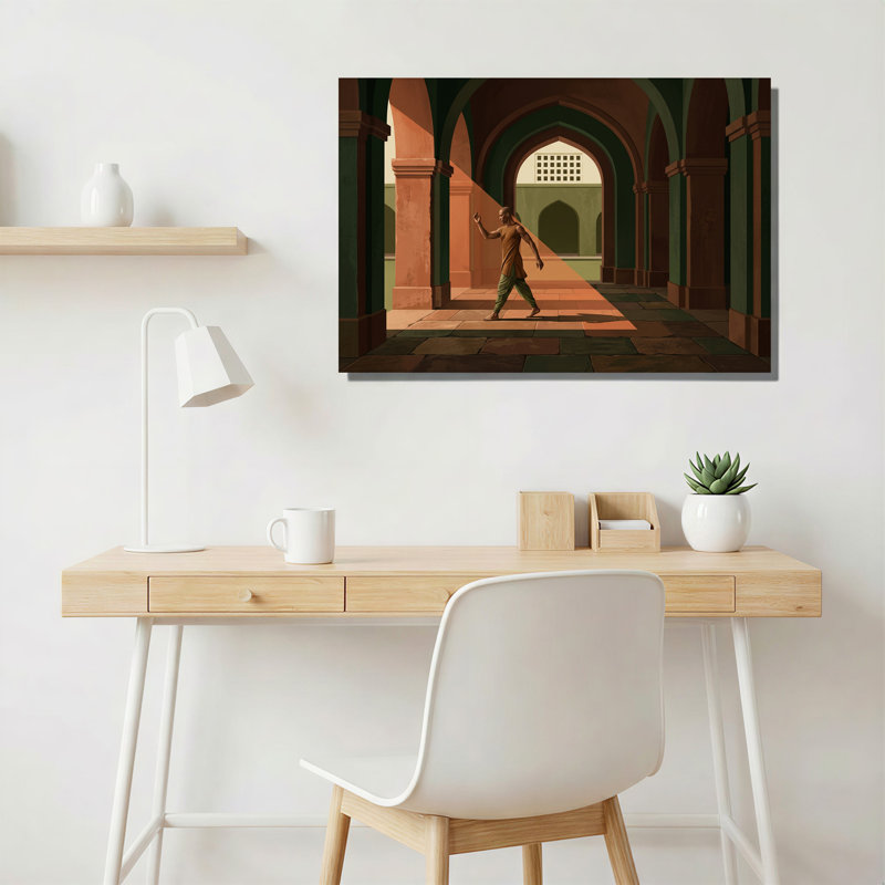 Moine marchant à travers des arches vertes et orange, art mural sur toile, H 24 po x l 36 po