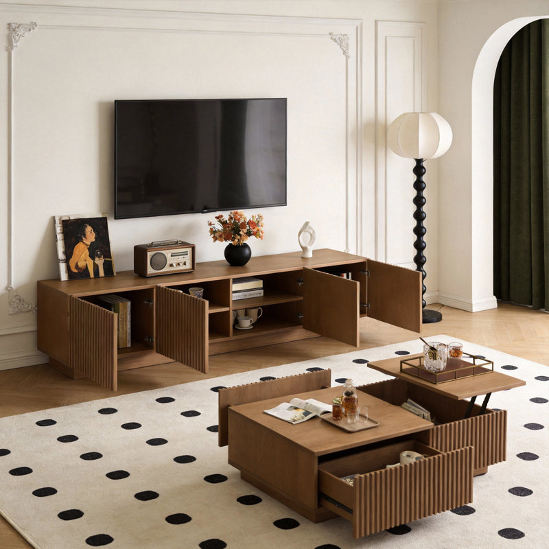 TV Media Unit with Cable Management, 220cm Wide in Walnut Finish, Multi-Shelf Storage Design
