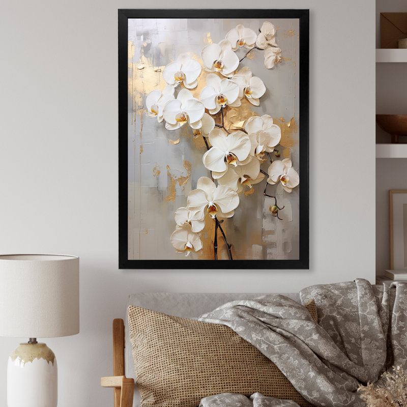 Minimalisme beige et orchidées dorées IV - impression sur toile encadrée orchidée, Cadre simple noir