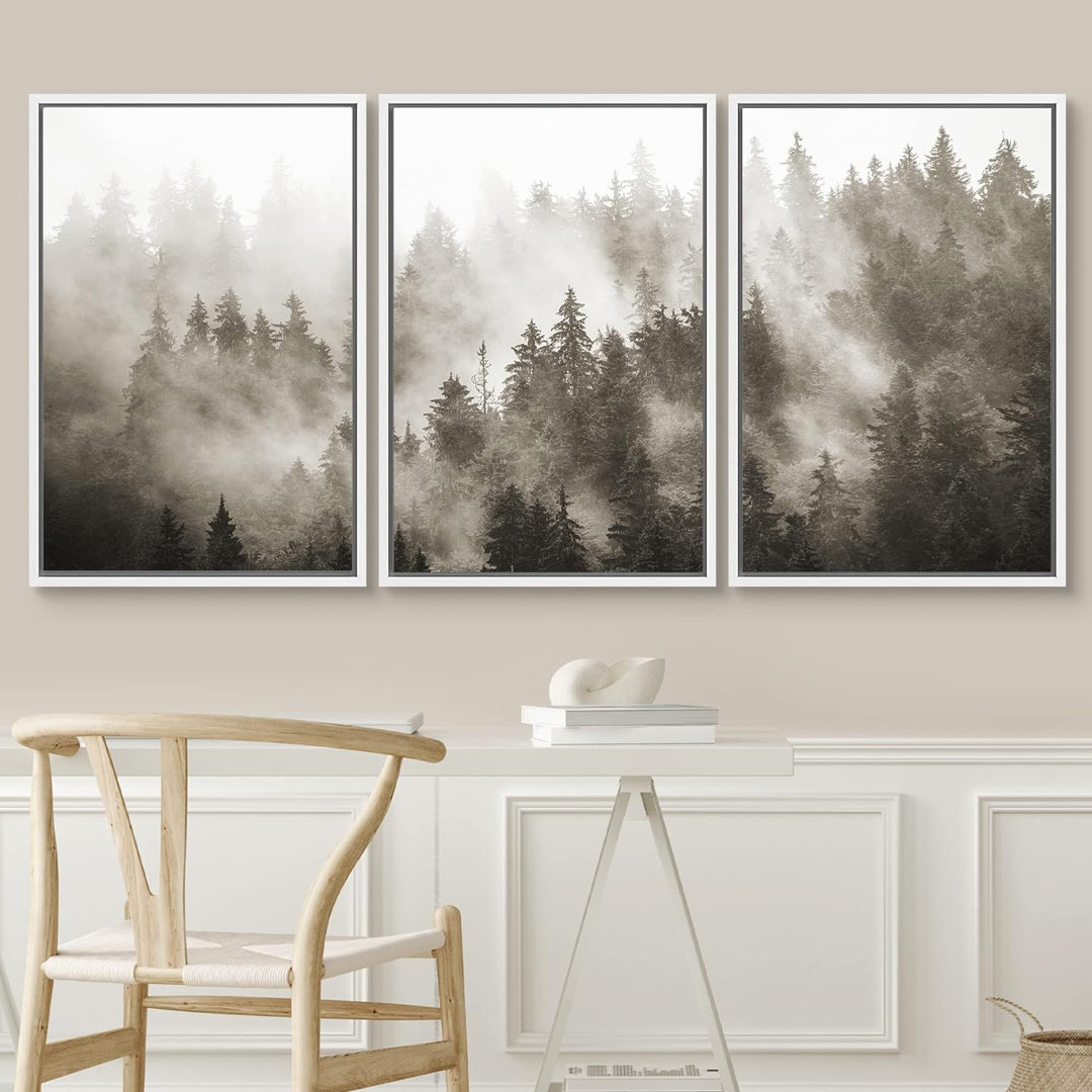 Misty Forest Landscape " IDEA4WALL Framed Canvas Print Wall Art Woodland Nursery Decor Set Sunlight Fog Sepia Mountain Forest Nature Wilderness Modern Art Rustic Landscape For Living Room, Bedroom, Office " 3 - Pieces IDEA4WALL