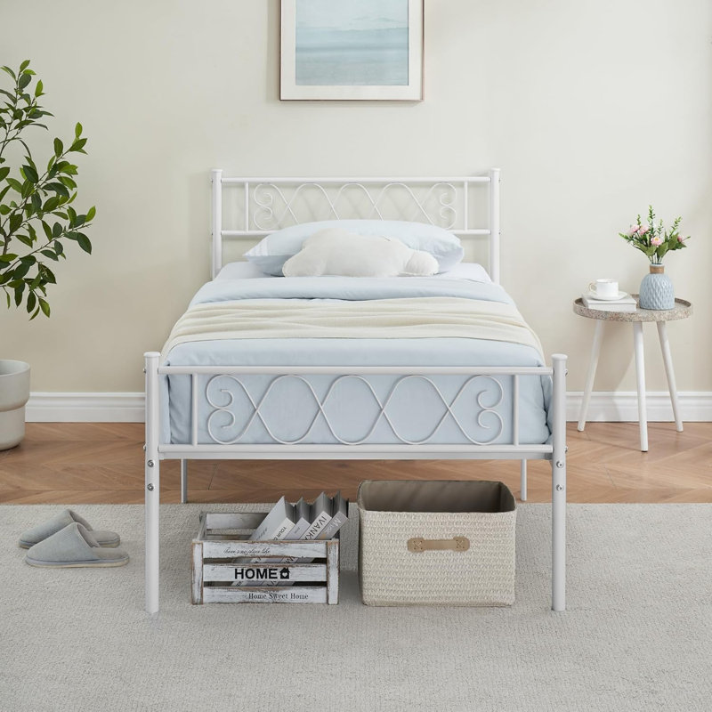Lit en métal avec tête et pied de lit, plateforme de 12 po, support en lattes d'acier, rangement sous le lit, noir, Blanc