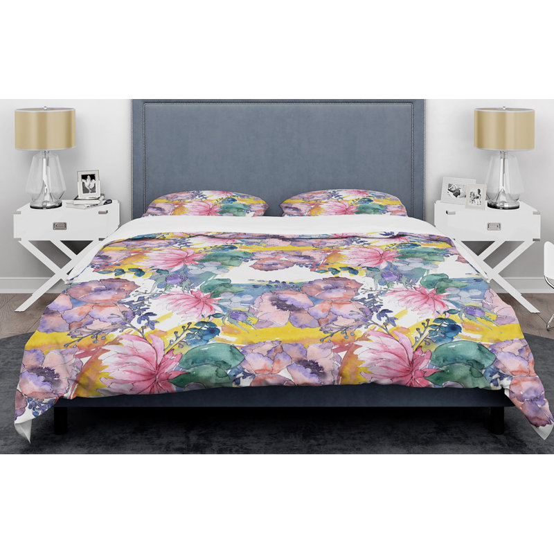Ensemble de housse de couette à style mid-century botanique à motif floral rétro