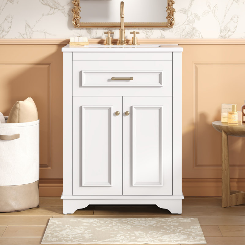Meuble-lavabo blanc 24 po avec lavabo en céramique, armoire, 2 portes, 1 tiroir basculant, lavabo simple pour petite salle de bain | Idée cadeau