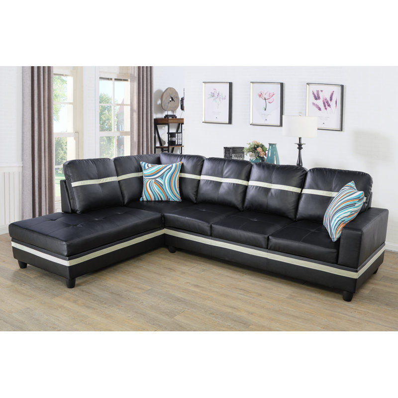 Elish Faux Leather L-Shaped Sectional, White/Black Faux Leather, Left Hand Facing