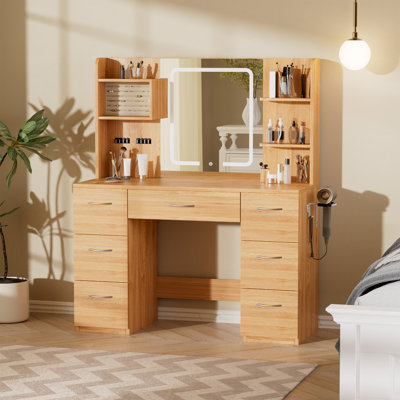 Bureau de meuble-lavabo en bois avec éclairage à DEL de 43,3 po avec tiroirs de rangement pour bijoux, multiprise intégrée et support pour sèche-cheveux, coiffeuse à maquillage à rangement multiple pour bureau de chambre à coucher