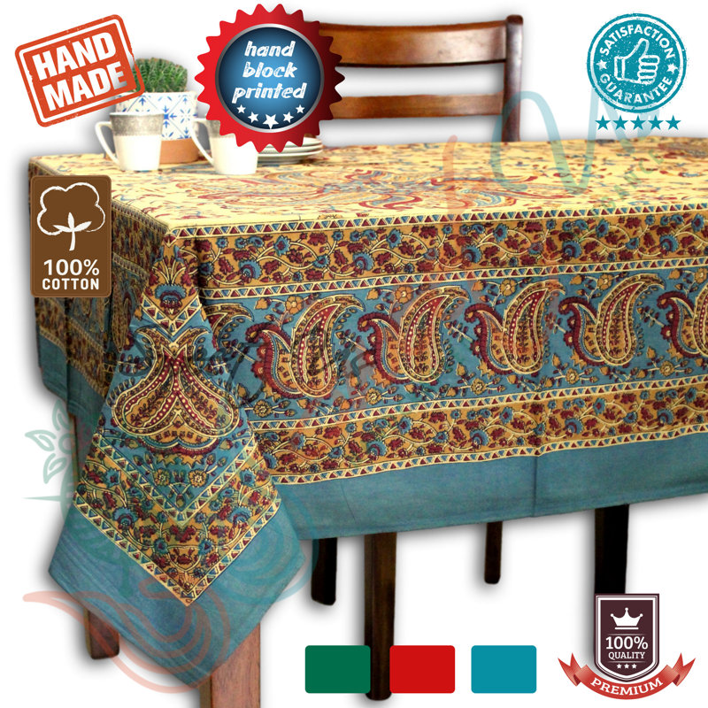 Cotton Block Print Paisley Floral Tablecloth For Rectangle Tables Blue, Blue
