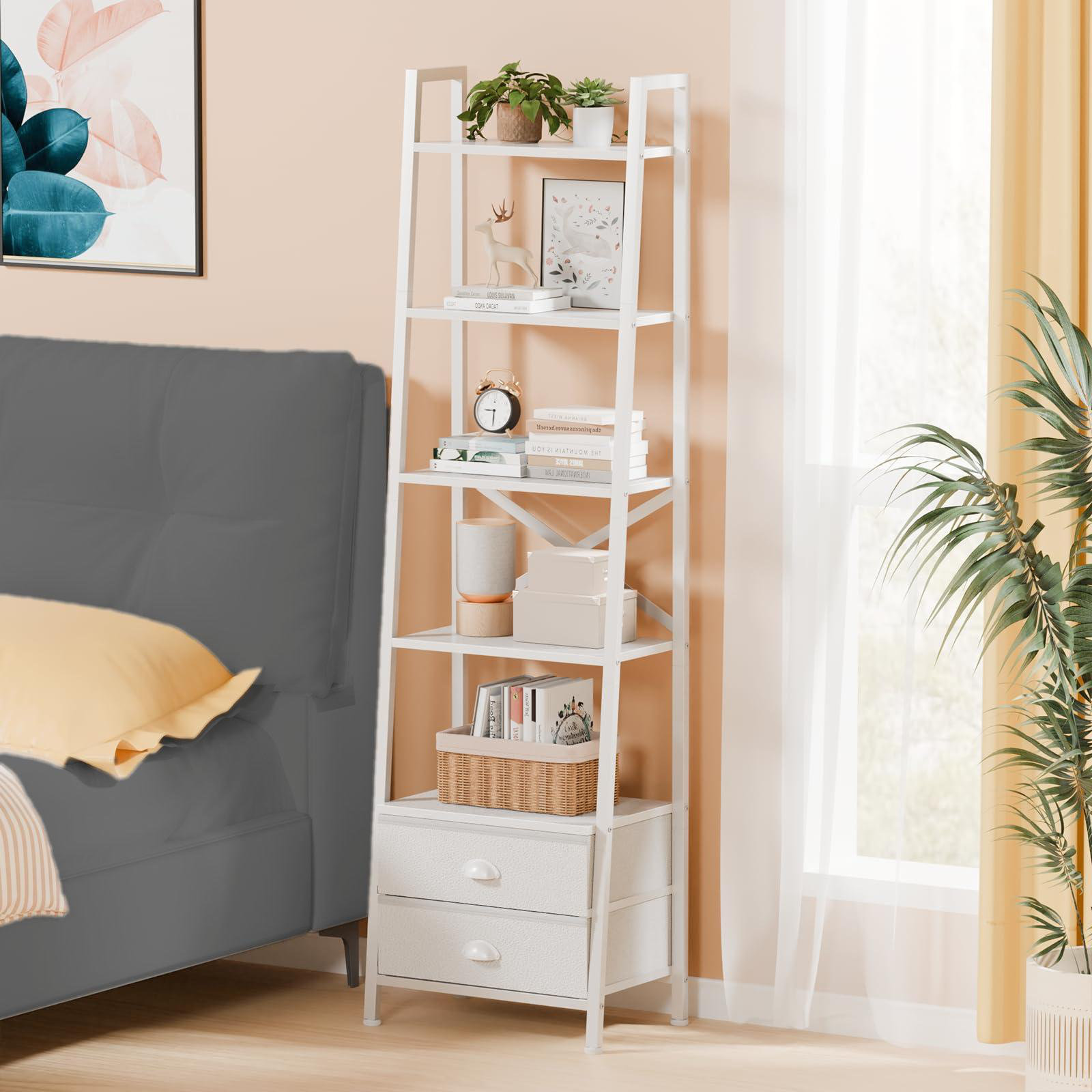 17 Stories 5-Tier Ladder Shelf With 2 Drawers,Narrow Bookshelf Storage ...