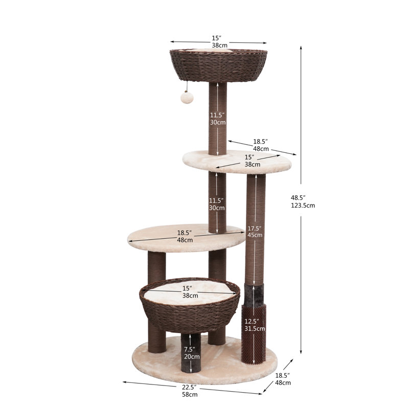 PetPals 48.5" Brown and White Sisal Cat Tree with Plush Perches