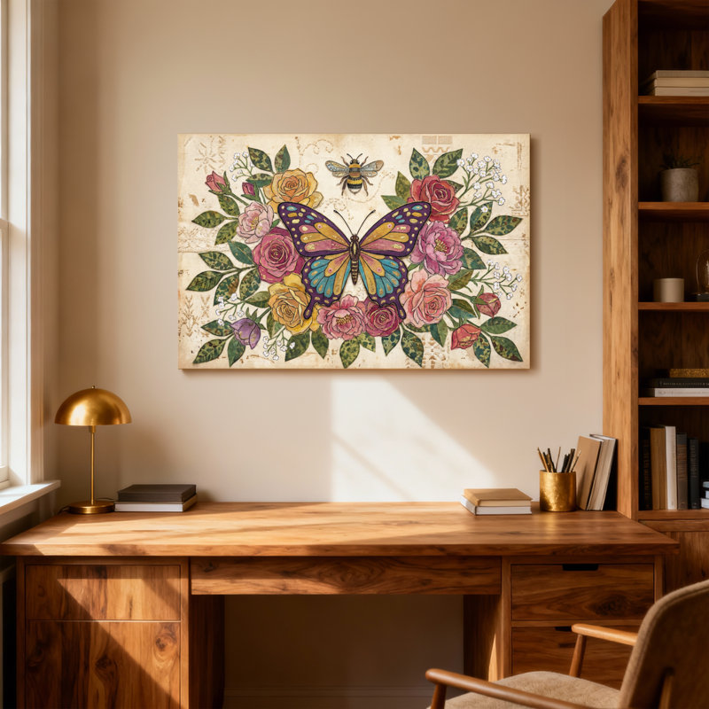 Animaux, papillon, roses, feuilles, abeilles, art sur toile, H 24 po x l 36 po