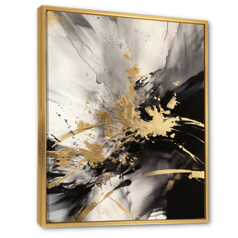 Or et gris fluides fusion II - art mural abstrait, Cadre flottant doré, H 32 po x l 16 po x P 1 po