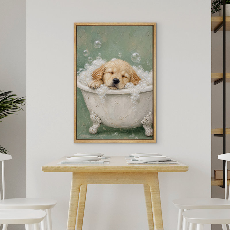 Tableau encadré représentant un chiot doré prenant un bain moussant, imprimé sur toile, à accrocher dans la chambre parentale.