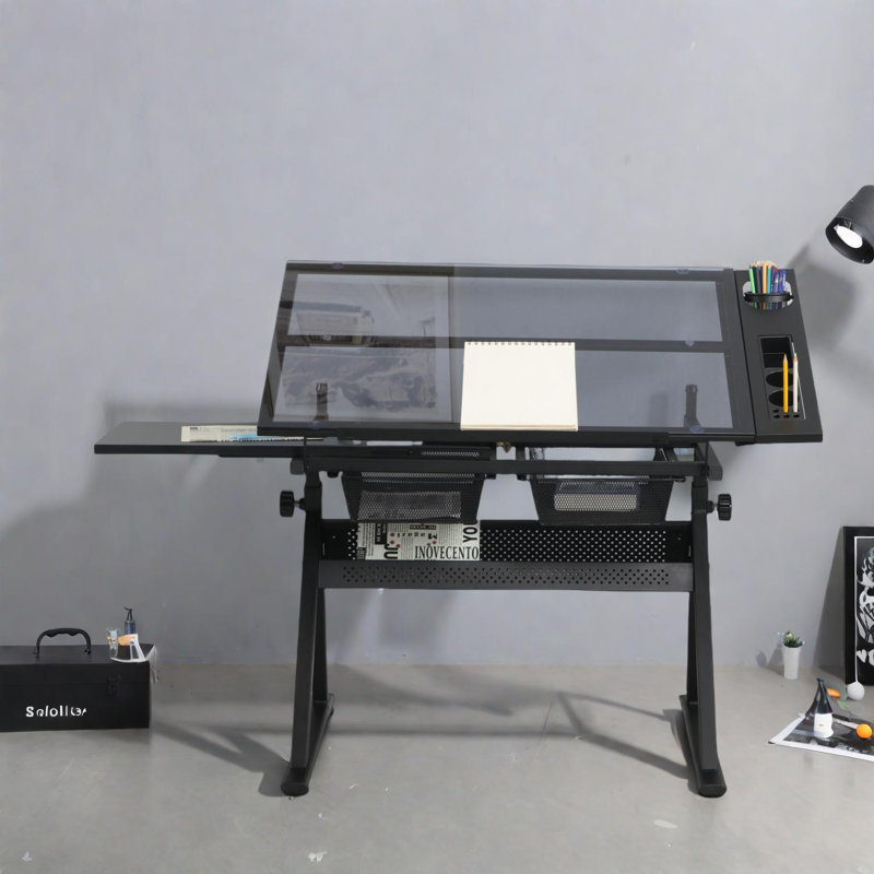 Table à dessin réglable avec plateau en verre et tabouret