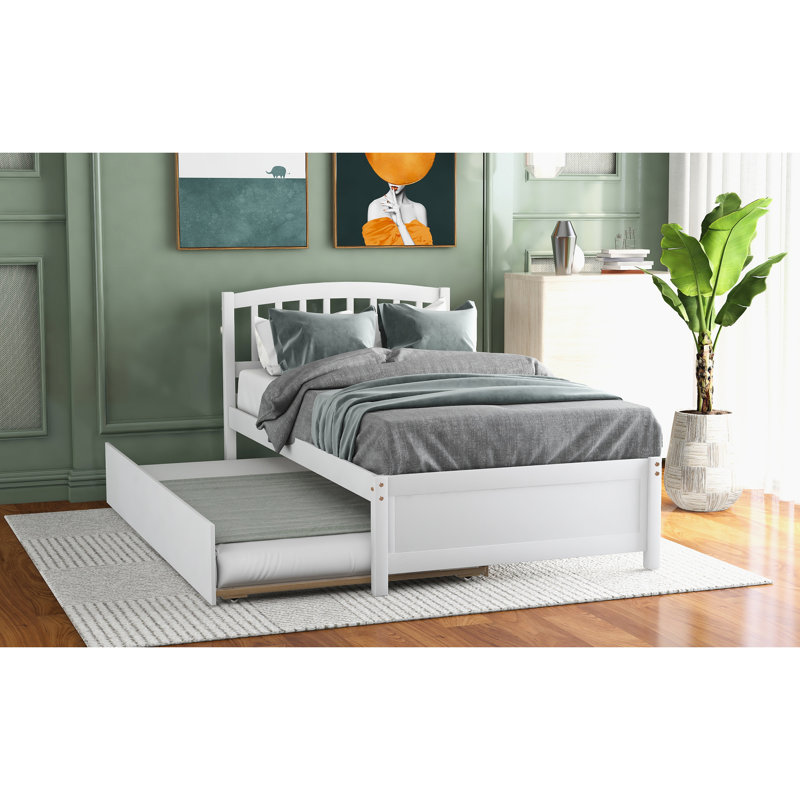 Lit simple en bois blanc avec lit gigogne - Fabrication solide pour une plateforme de chambre à coucher attrayante
