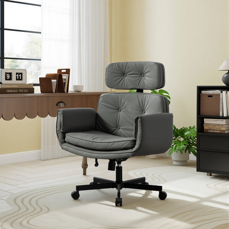33.86"W Tilting Office Chair with Adjustable Armrest, Gray, Faux Leather