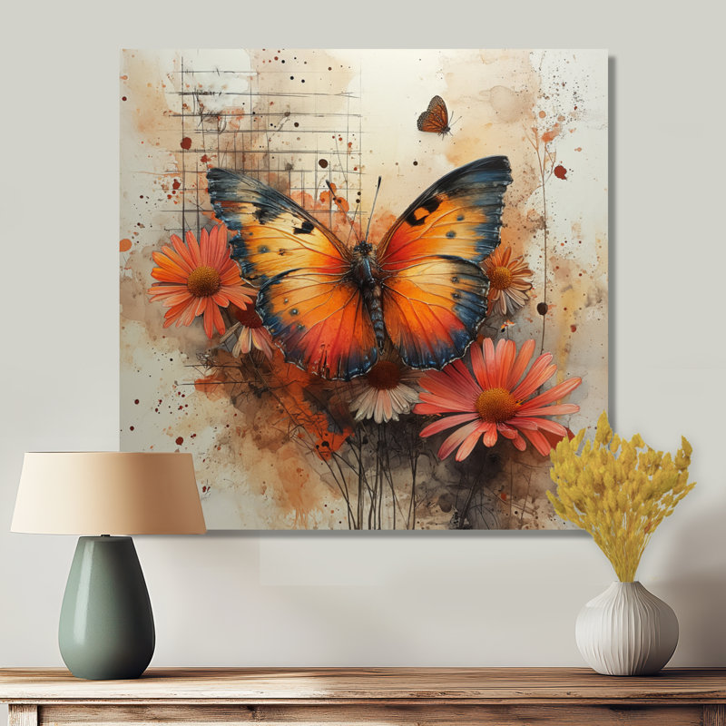 Rétro papillon orange dans un rêve floral - art mural papillon, salon, Toile tendue, H 16 po x l 16 po x P 1 po