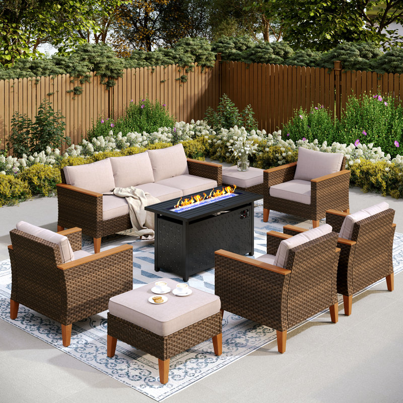 Ensemble de conversation modulaire en osier pour l'extérieur 9 personnes avec table de foyer Phenice, Beige