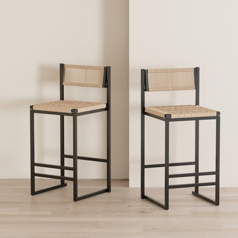 Ensemble de 2 tabourets de bar tissés avec dossier en corde de papier tissé pour îlot de cuisine, Miel
